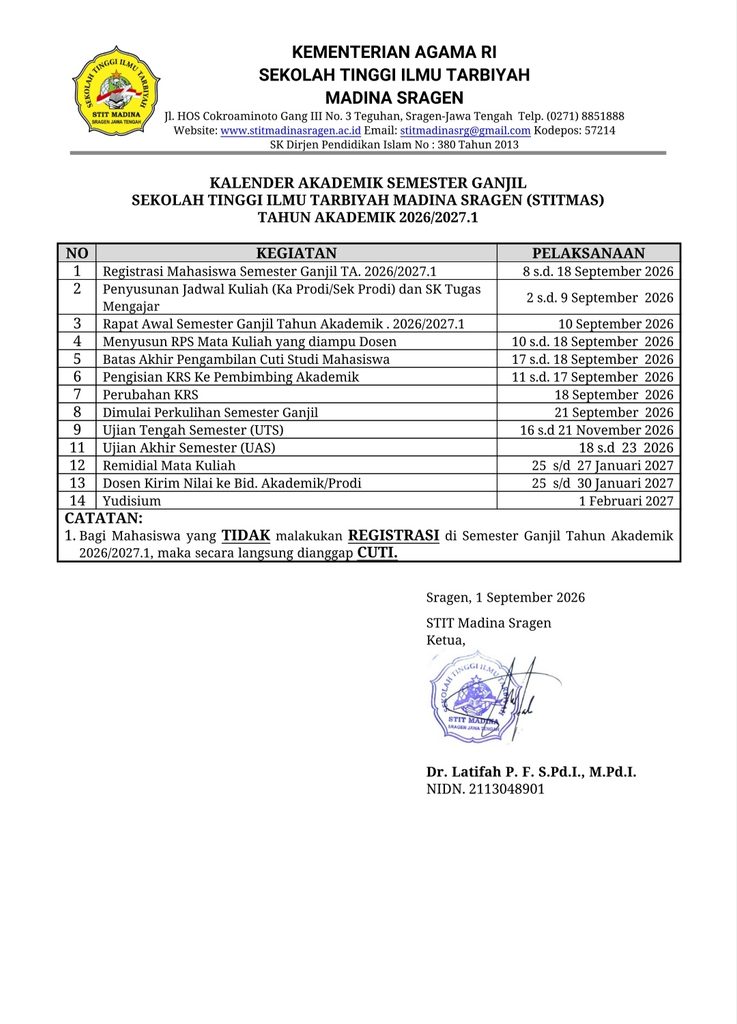 KALENDER AKADEMIK STITMAS SEMESTER GANJIL 2026/2027.1