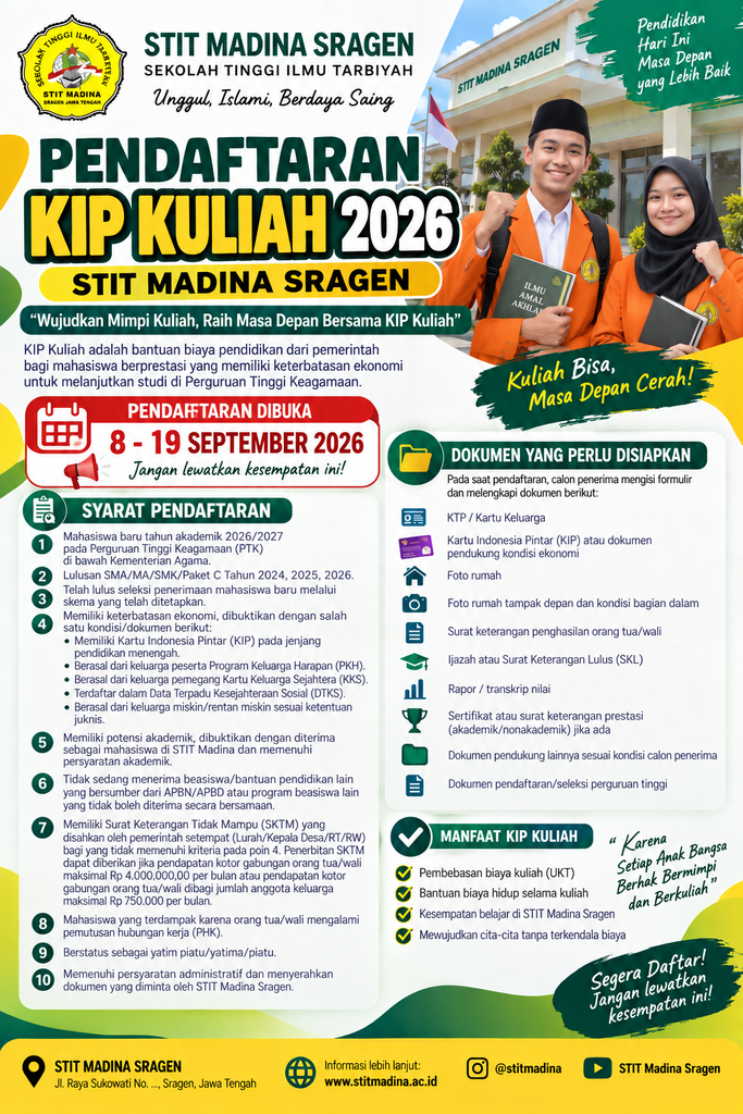 BEASISWA KIP KULIAH STIT MADINA SRAGEN TAHUN 2026
